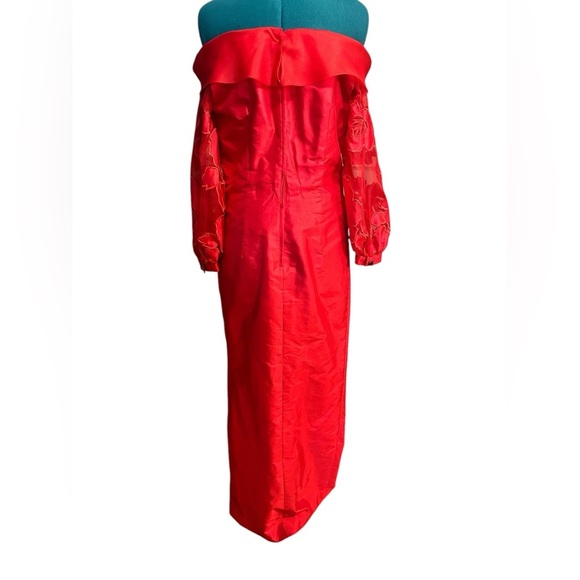 Marisa Baratelli Thai Silk Red Off The Shoulder Gown Floral Sheer Sleeves Sz 10 - Picture 6 of 11